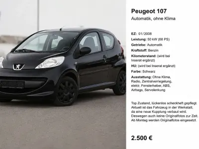 Gebraucht Peugeot 107 Filou 68 PS (50 kW) 2008 Schwarz Kleinwagen