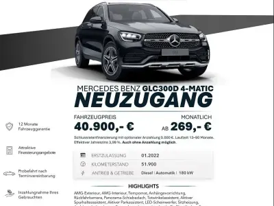 Gebraucht Mercedes GLC300 AMG line 245 PS (180 kW) 2022 Obsidianschwarz  metalliclack SUV