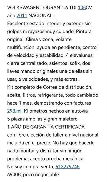 Usado VW Touran Advance 105 CV (77 kW) 2011 Gris / plata Monovolumen