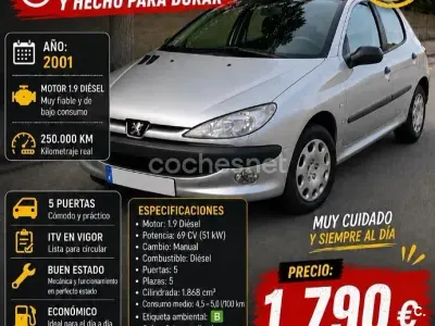 Usado Peugeot 206 70 CV (51 kW) 2001 Gris / plata Berlina