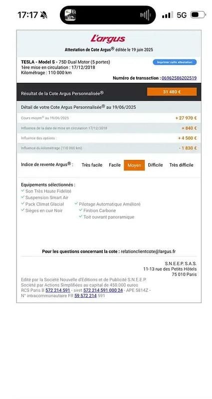 Utilisé 2018 Tesla Model S Berline | 27 990 € (Prix juste) - Image 1/4