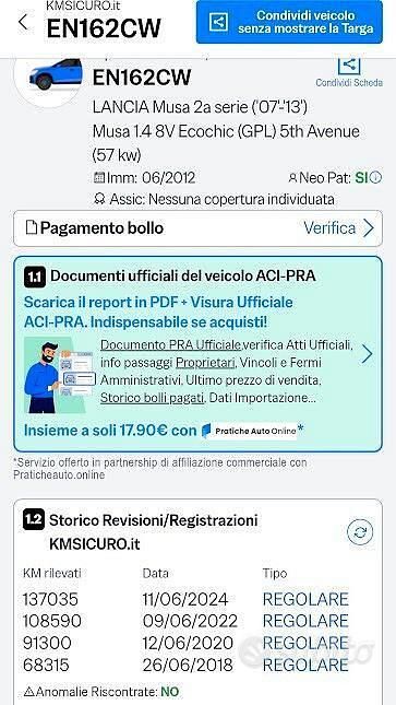 Usata Lancia Musa Gold 78 CV (57 kW) 2012 Grigio Monovolume