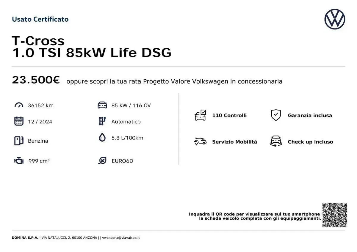 Usata VW T-Cross Life 116 CV (85 kW) 2024 Argento SUV
