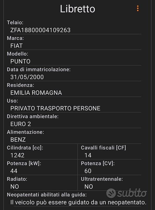 Usata Fiat Punto 60 CV (44 kW) 2000 Grigio Utilitaria