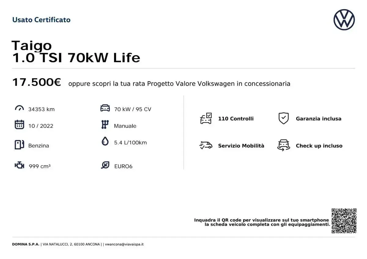 Usata VW Taigo Life 95 CV (69 kW) 2022 Argento SUV
