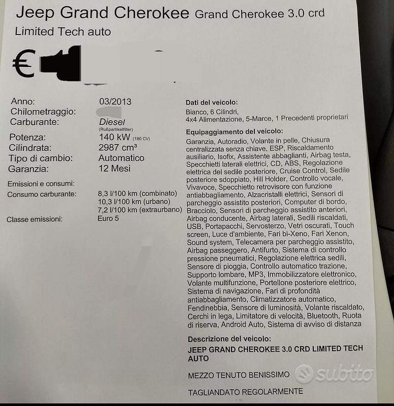 Usata Jeep Grand Cherokee 243 CV (178 kW) 2013 Bianco SUV