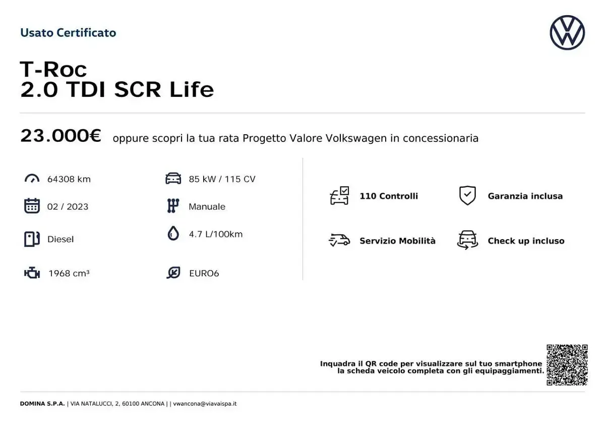 Usata VW T-Roc Life 116 CV (85 kW) 2023 Bianco SUV