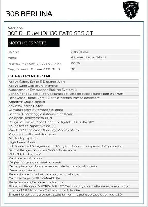 Usata Peugeot 308 GT 131 CV (96 kW) 2024 Berlina