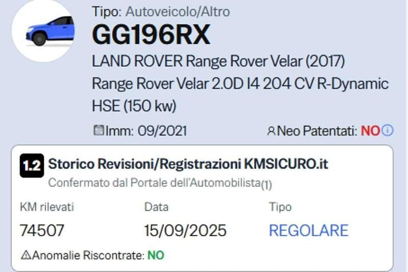 Usata Land Rover Range Rover Velar S 204 CV (150 kW) 2021 Nero SUV