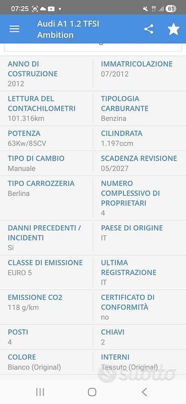 Usata Audi A1 Ambition 86 CV (63 kW) 2012 Bianco Utilitaria