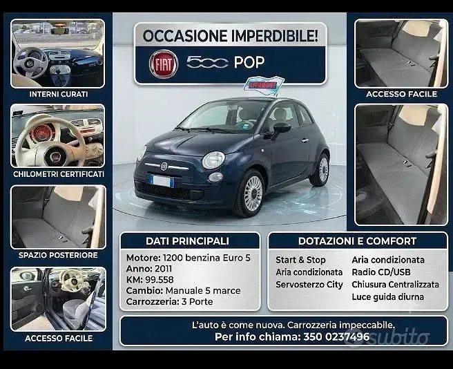 Usata Fiat 500 Pop 69 CV (50 kW) 2011 Blu Utilitaria