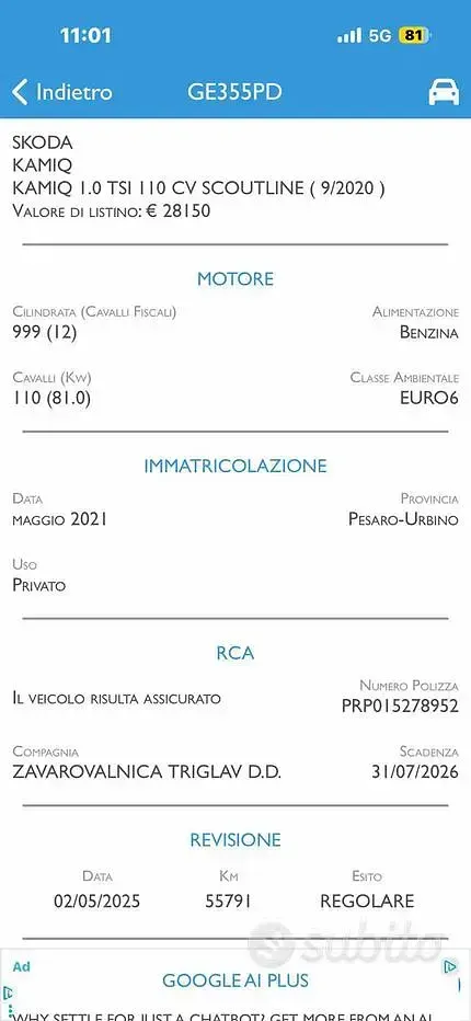Usata Skoda Kamiq Ambition 110 CV (80 kW) 2021 Bianco SUV