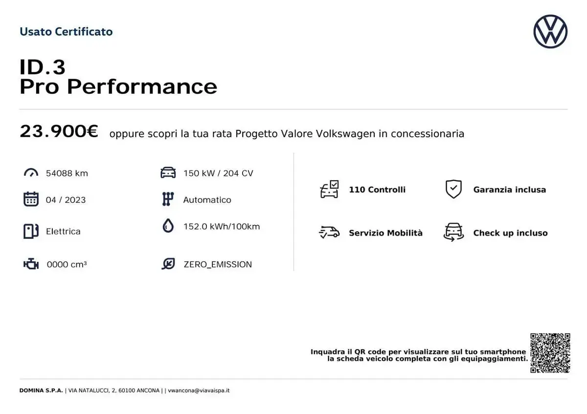 Usata VW ID.3 Pro Performance 150 kW (204 CV) 2023 Bianco Utilitaria
