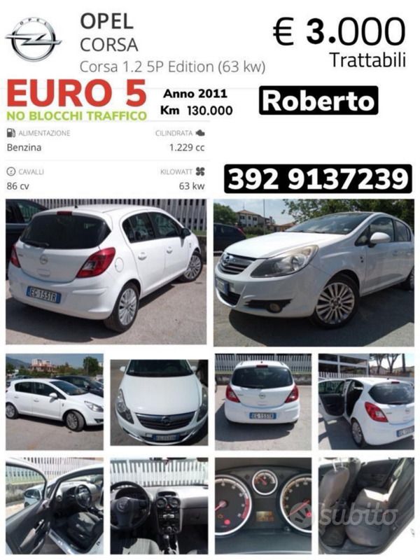Bianco Usata 2010 Opel Corsa Due volumi | 2200 € (Super prezzo) - Immagine 1/1