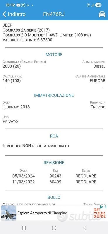 Usata Jeep Compass Limited 140 CV (102 kW) 2018 Grigio SUV