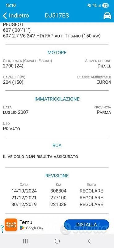 Usata Peugeot 607 204 CV (150 kW) 2007 Verde Berlina