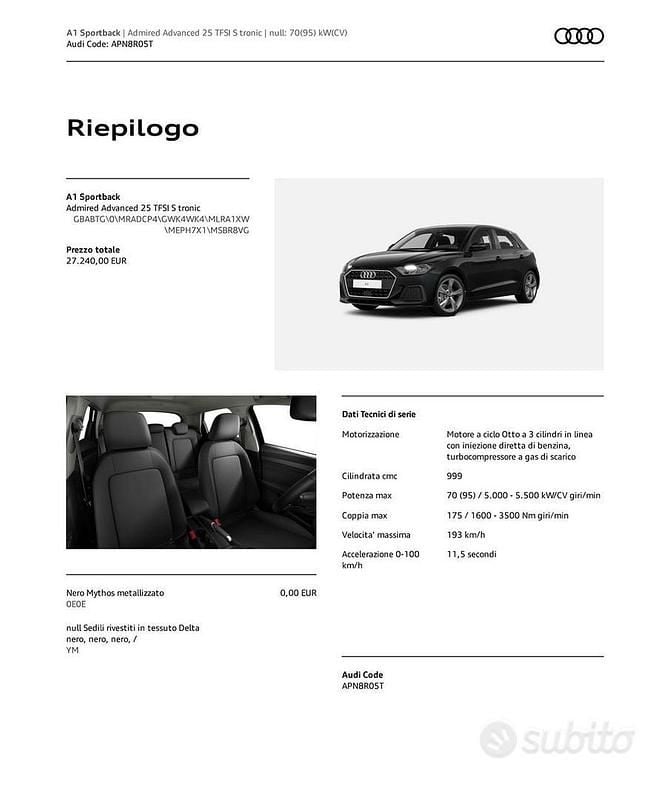 Usata Audi A1 Admired 95 CV (69 kW) 2024 Nero Berlina