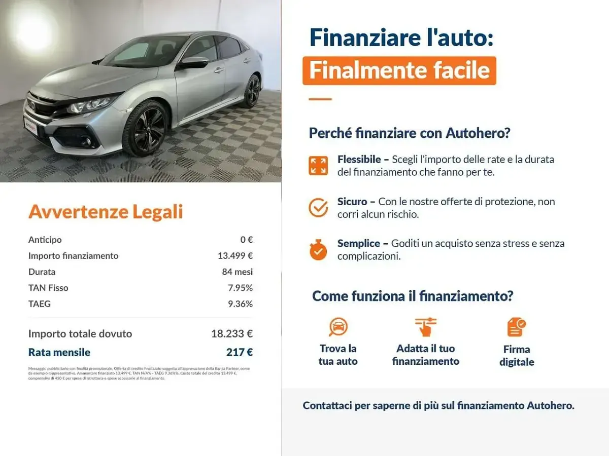 Usata Honda Civic Elegance 129 CV (94 kW) 2017 Argento Berlina