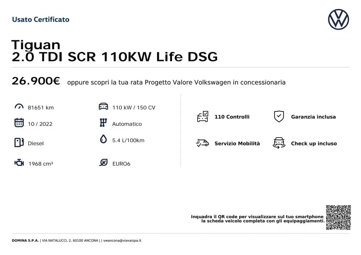 Usata VW Tiguan Life 150 CV (110 kW) 2022 Nero SUV