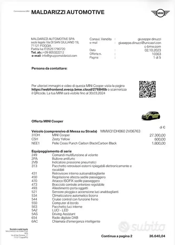 Usata Mini Cooper 136 CV (100 kW) 2023 Giallo Utilitaria
