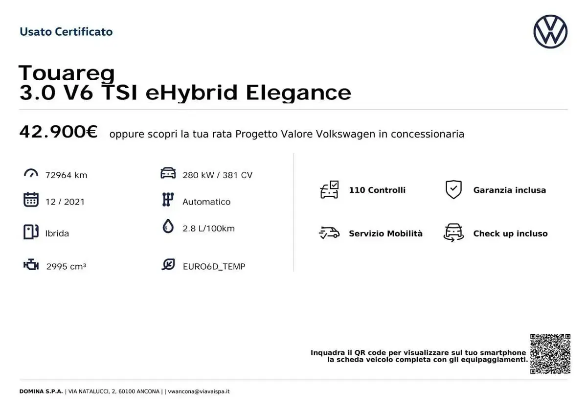 Usata VW Touareg Elegance 381 CV (280 kW) 2021 Bianco SUV