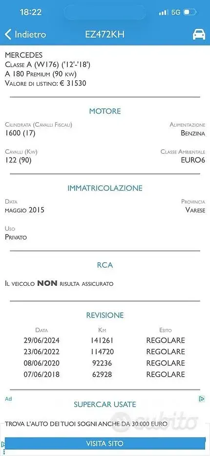 Usata Mercedes A180 122 CV (89 kW) 2015 Bianco Berlina