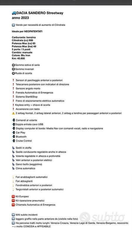 Usata Dacia Sandero 90 CV (66 kW) 2023 Blu Utilitaria