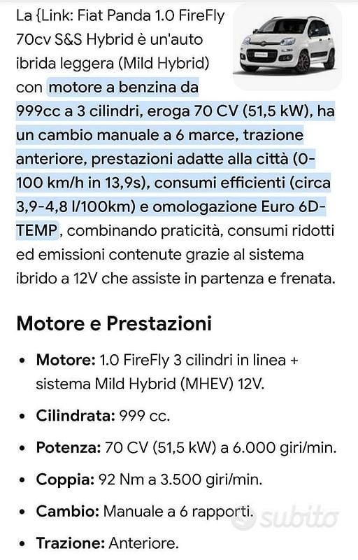 Usata Fiat Panda S 70 CV (51 kW) 2024 Nero Utilitaria
