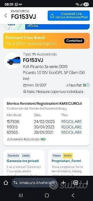 Usata Kia Picanto Active 67 CV (49 kW) 2017 Bianco Utilitaria