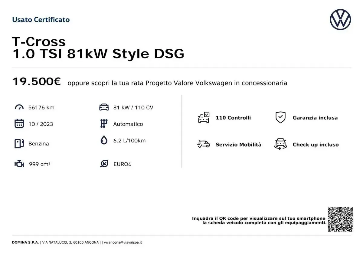 Usata VW T-Cross Style 110 CV (80 kW) 2023 Bianco SUV