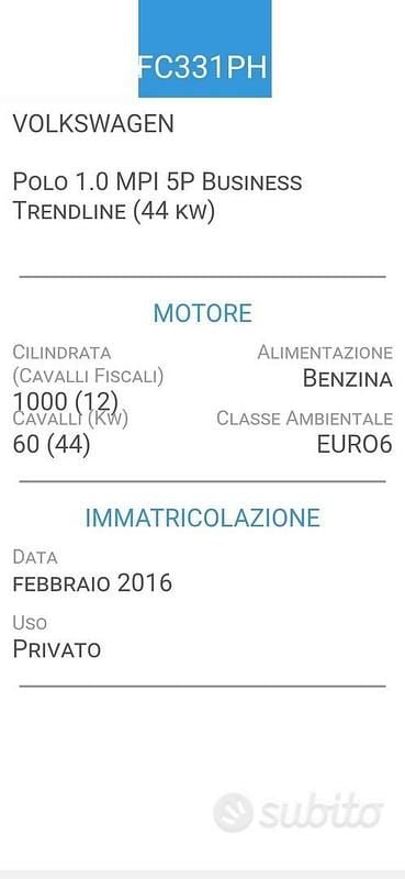 Usata VW Polo 59 CV (43 kW) 2016 Grigio Berlina