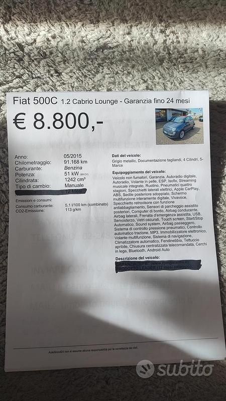 Usata Fiat 500 69 CV (50 kW) 2015 Grigio Cabrio