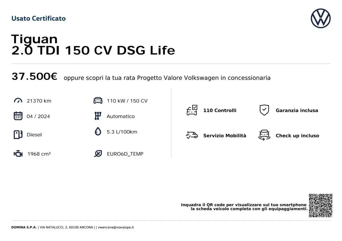 Usata VW Tiguan Life 150 CV (110 kW) 2024 Blu/azzurro SUV
