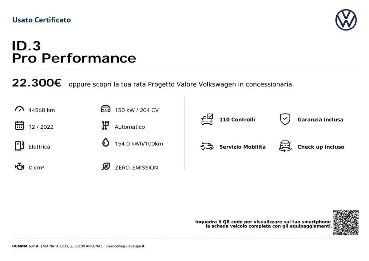 Usata VW ID.3 Pro Performance 150 kW (204 CV) 2022 Bianco Utilitaria