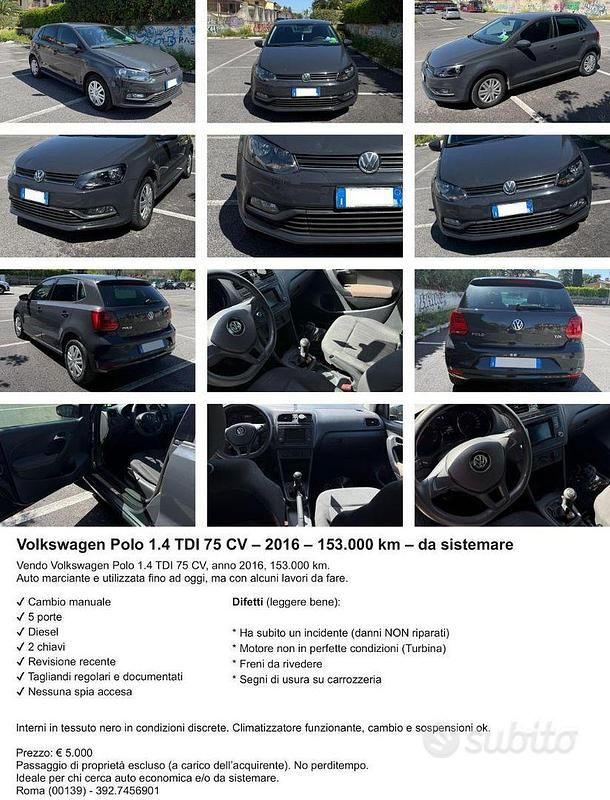 Usata VW Polo 75 CV (55 kW) 2016 Grigio Berlina