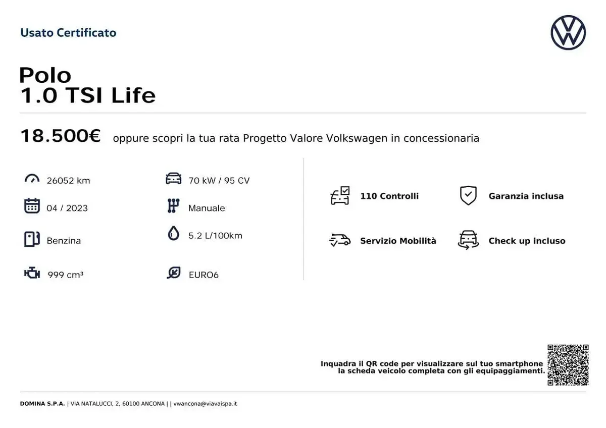 Usata VW Polo Life 95 CV (69 kW) 2023 Argento Utilitaria