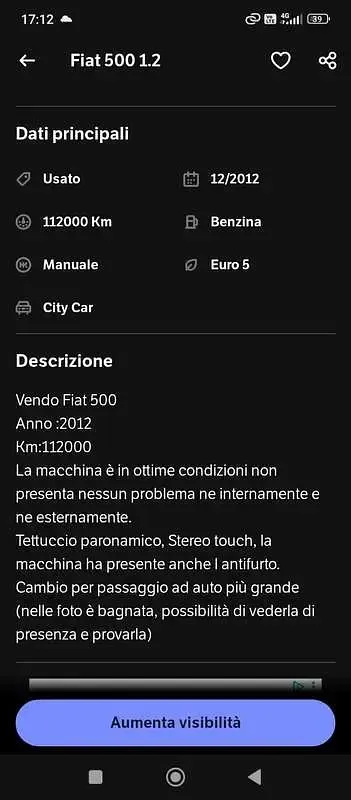Usata Fiat 500 Lounge 69 CV (50 kW) 2012 Utilitaria