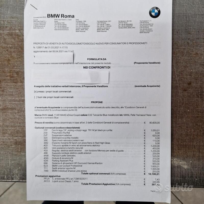 Usata BMW M440 M Sport 374 CV (275 kW) 2021 Blu/azzurro Berlina