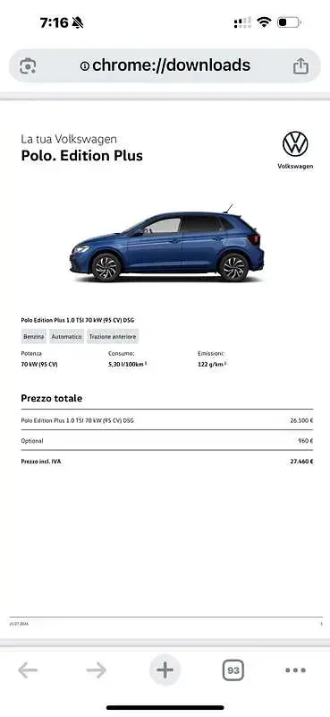 Usata VW Polo Edition 95 CV (69 kW) 2024 Bluazzurro Utilitaria