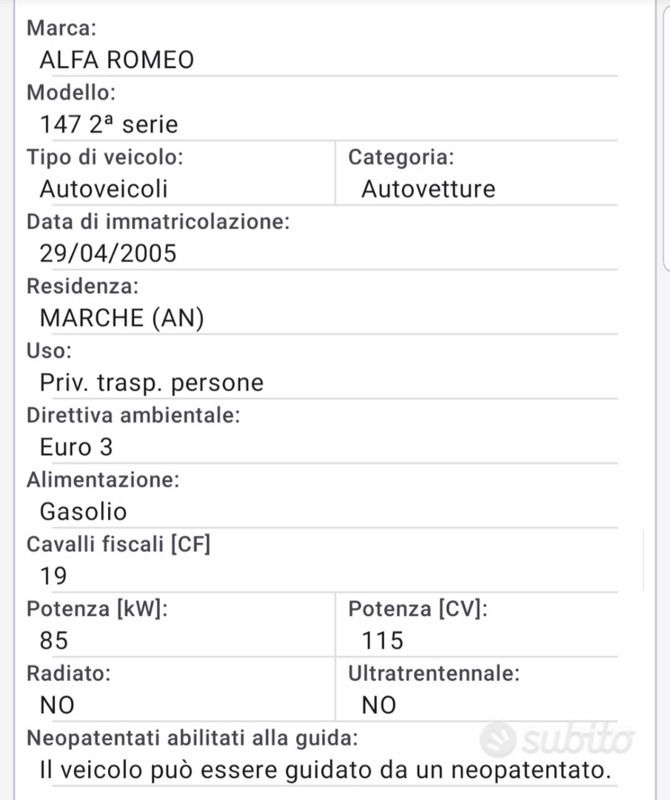 Usata Alfa Romeo 147 140 CV (102 kW) 2005 Grigio Utilitaria