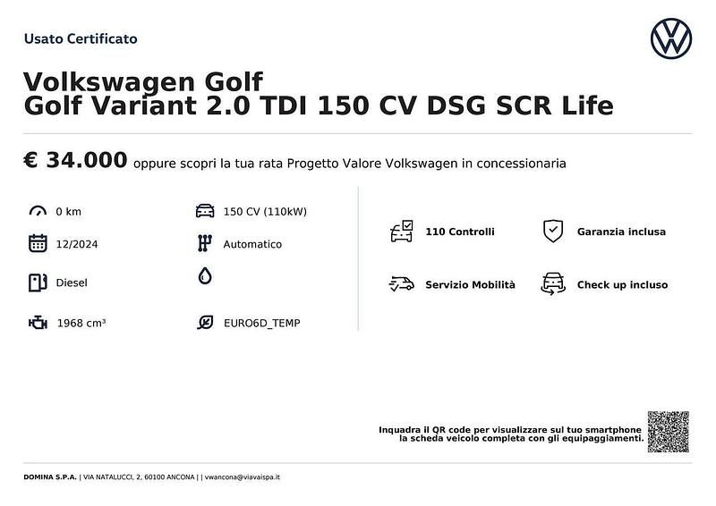 Usata VW Golf VIII Life 150 CV (110 kW) 2024 Nero Station wagon