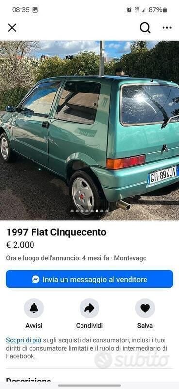 Usata Fiat Cinquecento 1995 Verde Utilitaria