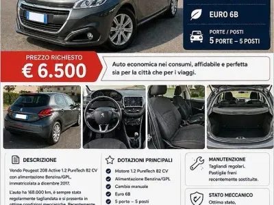 Usata Peugeot 208 Active 82 CV (60 kW) 2017 Nero Utilitaria