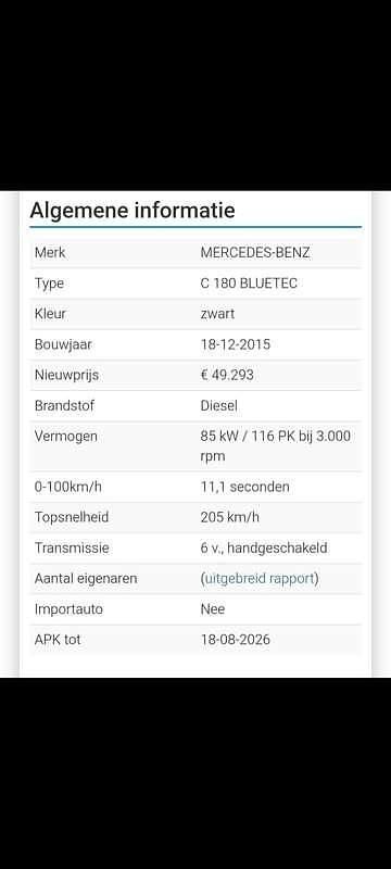 Occasion Mercedes C180 116 PK (85 kW) 2016 Zwart Sedan