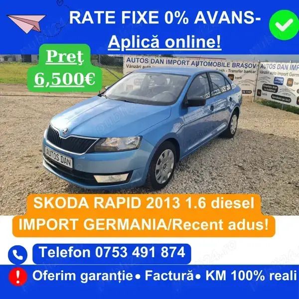 Albastru Utilizat 2013 Skoda Rapid Berlinǎ | 6.500 EUR (Scump) - Imagine 1/4