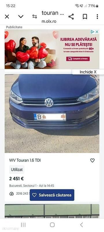 Albastru Utilizat 2015 VW Touran Comfortline Monovolum | 7.400 EUR (Preț bun) - Imagine 1/4