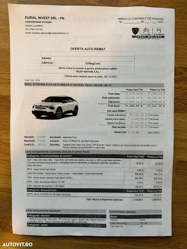 Second-hand Citroën e-C4 Feel 100 kW (136 CP) 2021 Culoarealb Berlinǎ