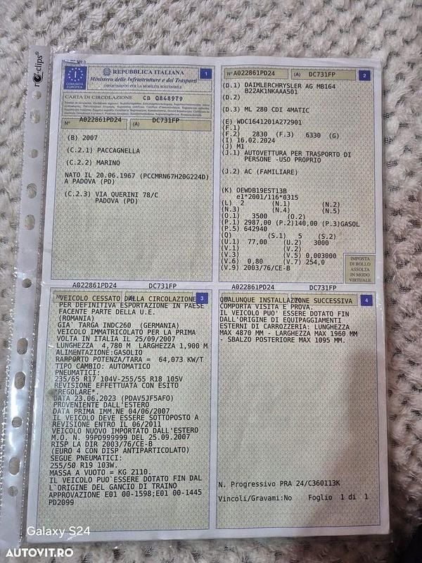 Second-hand Mercedes ML320 224 CP (164 kW) 2007 Culoareargint SUV