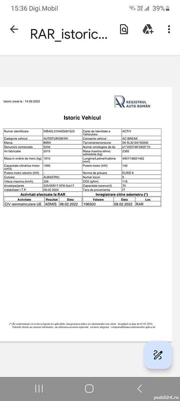 Second-hand BMW 520 190 CP (139 kW) 2015 Albastru Break