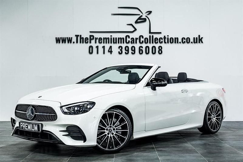 Diamond white designo metallic Used 2021 Mercedes E220 AMG line Cabriolet | £31,980 (Expensive) - Image 1/3